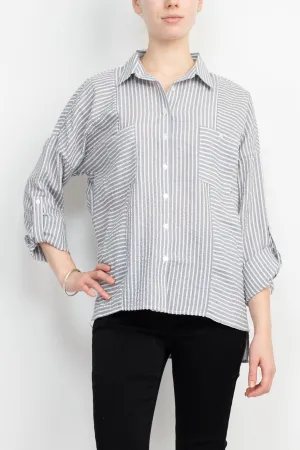 Adyson Parker Collared Button Down 2 Way Sleeve Pockets High Low Hem Polyester Shirt