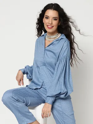 Allover Self Sequin Stylish Top With Lantern Sleeves And Matching Pant Set