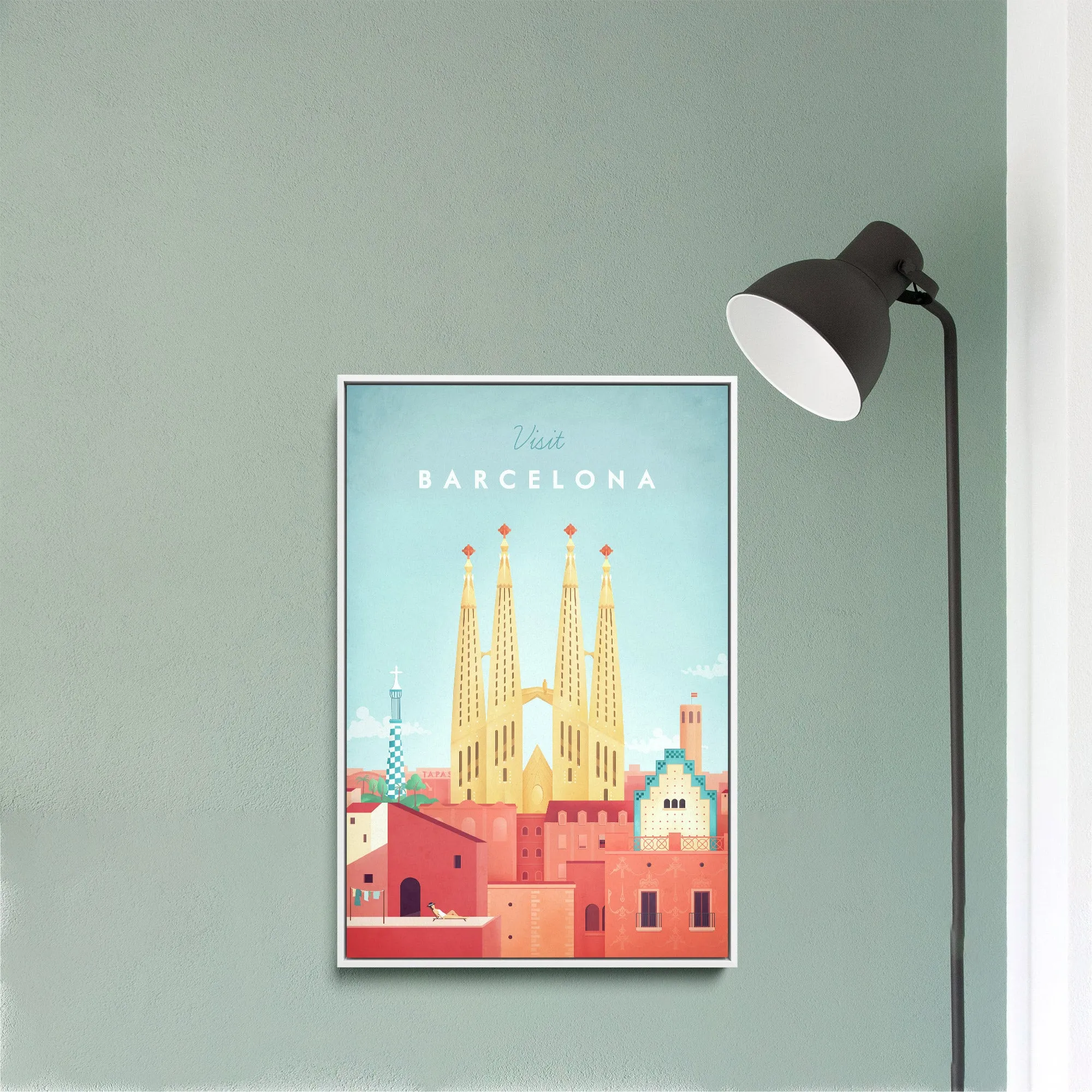 Barcelona by Henry Rivers - Stretched Canvas Print or Framed Fine Art Print - Artwork- Vintage Inspired Travel Poster