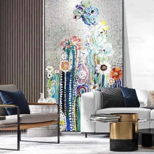 Custom Glass Mosaic Mural Abstract Cactus and Flowers