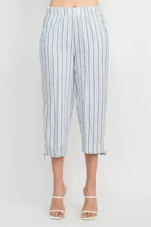 Land N Sea Pull-on Elastic Waist Tie Bottom Stripe Print Linen Pant with Pockets