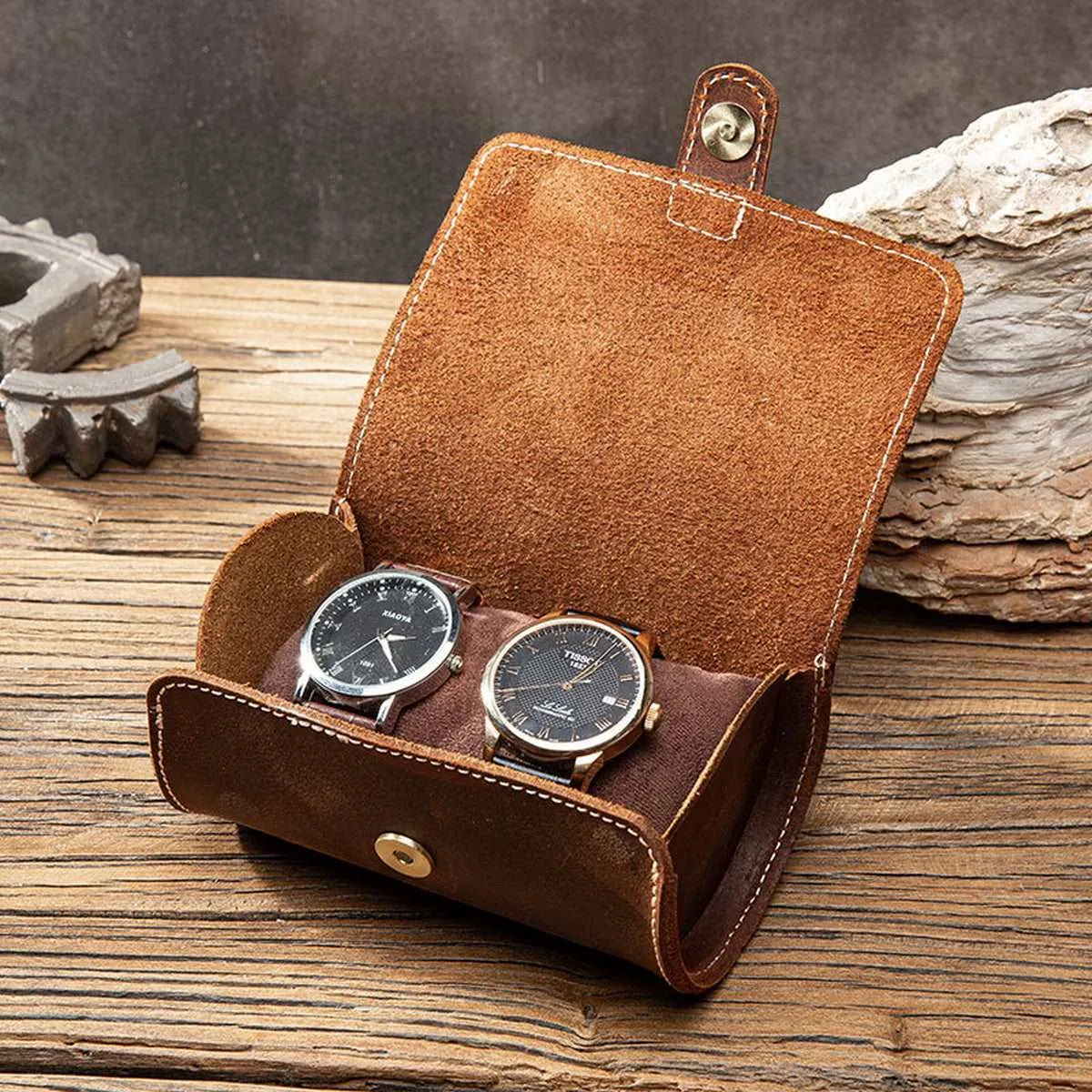 Luxury 2 Watch Travel Case Made of Genuine Cowhide Leather